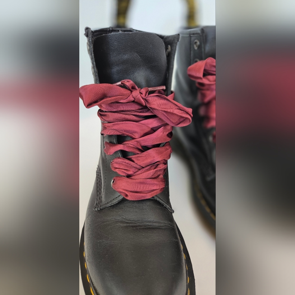 Dr. Martens Black Leather Combat Boots with Chunky Sole and Burgundy Laces - Picture 3 of 16